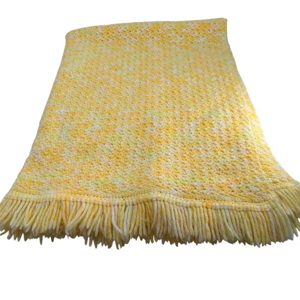 Vintage Crochet Throw Blanket Fringe Cottagecore Yellow Orange White Handmade